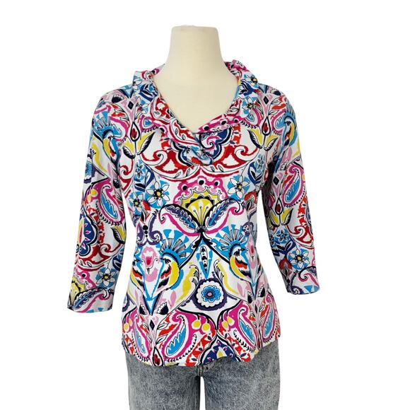 J. McLaughlin Catalina Cloth 3/4 Sleeve Ruffle Neckline Top Blouse Multi | M - Picture 1 of 10